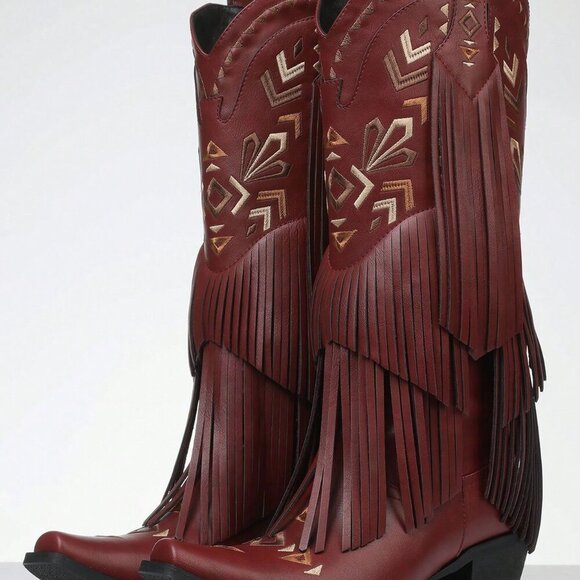 Burgundy Bohemian Women's Cowgirl Western Boots Fringe Tassel Chunky High Heels - Picture 5 of 6